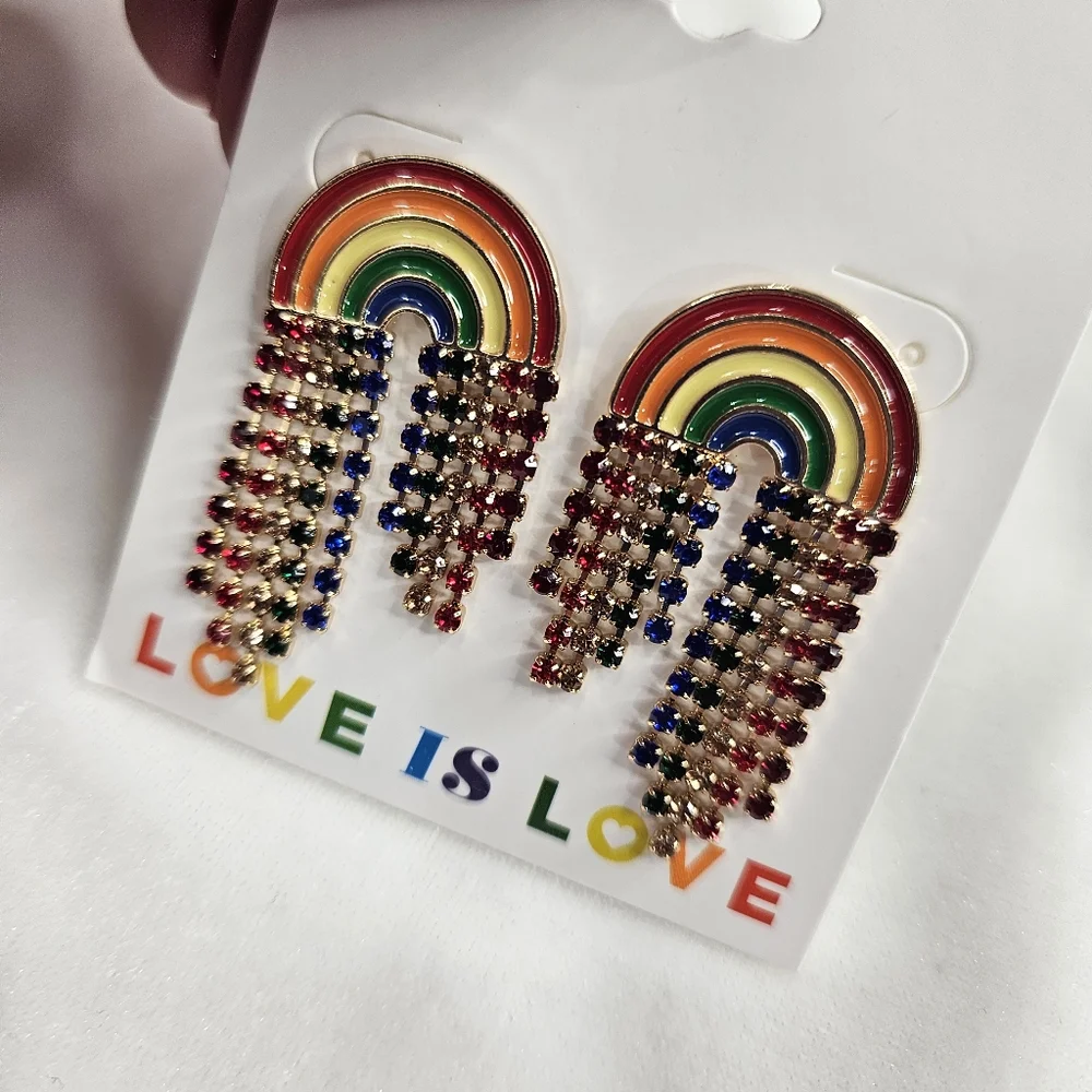Love Is Love Rainbow Rhinestone Pierced Earrings NWT LBGTQ Pride Fashion Jewelry